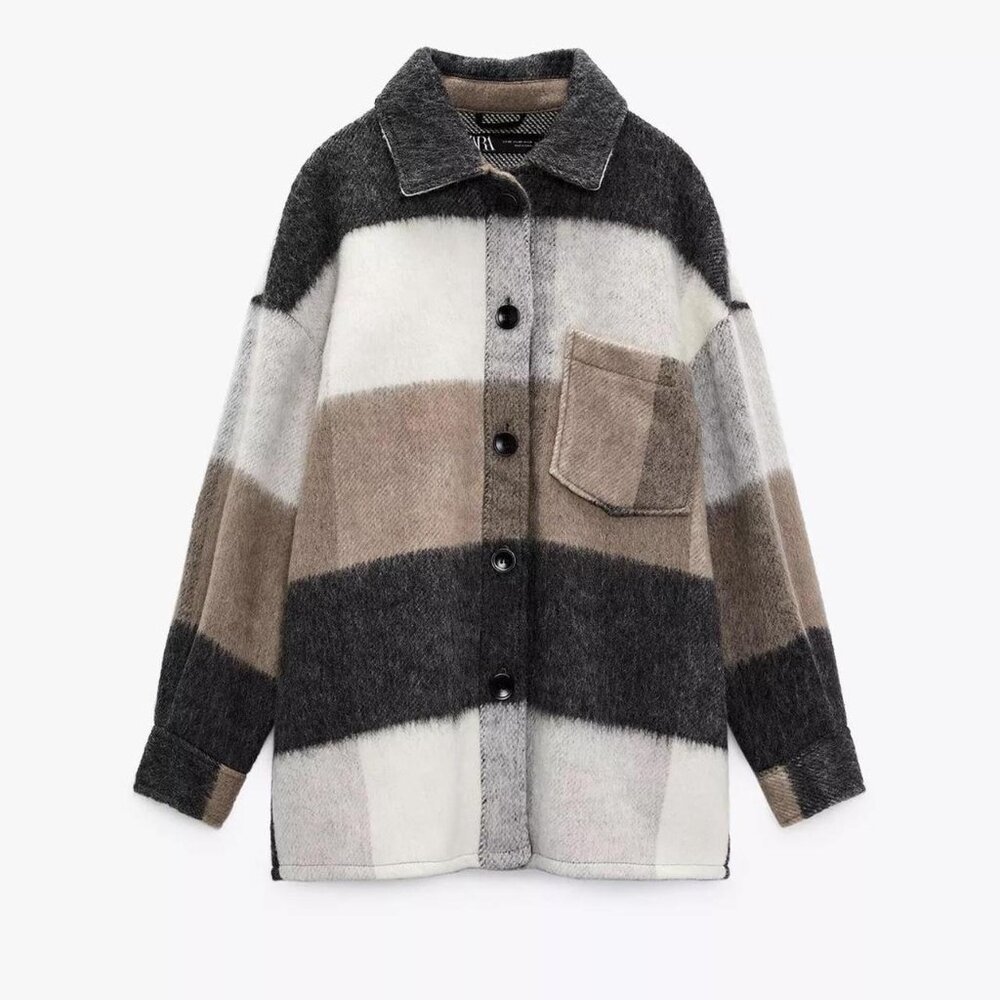 Zara Wool Fringed Button Up Shacket With Patch Po… - image 1